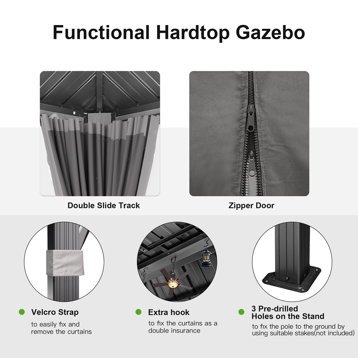 Patioslife™| Hardtop Gazebo with Wood Grain Aluminum Frame, Double Vented Roof & Curtains, Patio Pergola for Garden or Backyard