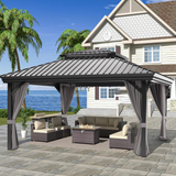 Patioslife™| Hardtop Gazebo with Wood Grain Aluminum Frame, Double Vented Roof & Curtains, Patio Pergola for Garden or Backyard