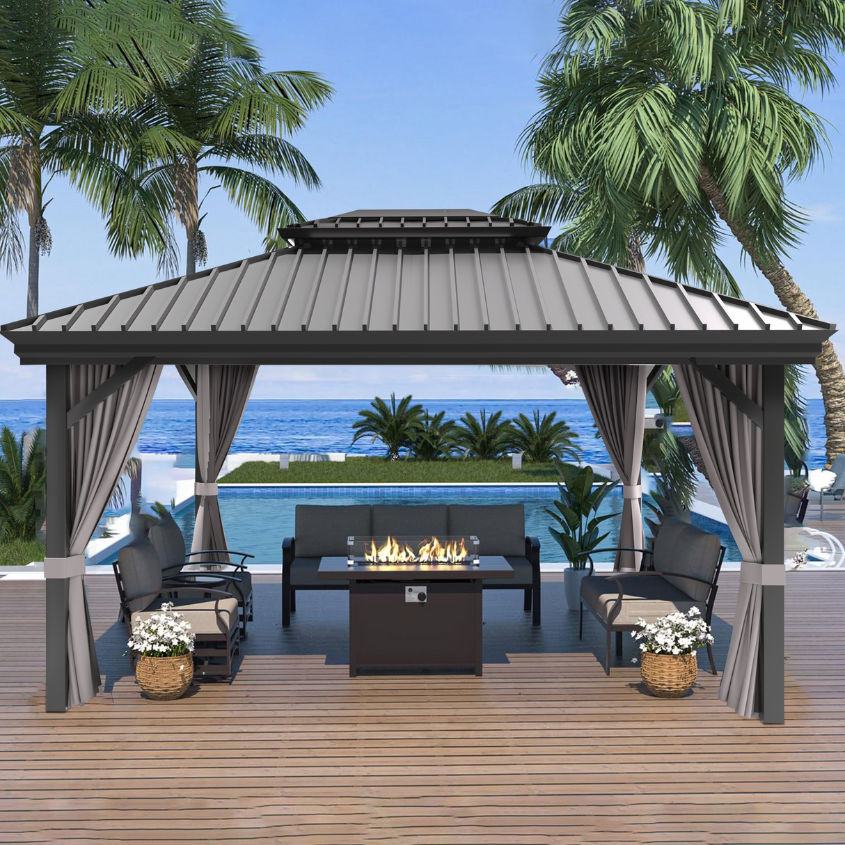 Patioslifeā¢| Hardtop Gazebo with Wood Grain Aluminum Frame, Double Vented Roof & Curtains, Patio Pergola for Garden or Backyard