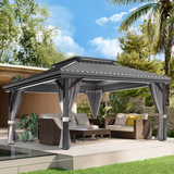 Patioslife™| Hardtop Gazebo with Wood Grain Aluminum Frame, Double Vented Roof & Curtains, Patio Pergola for Garden or Backyard