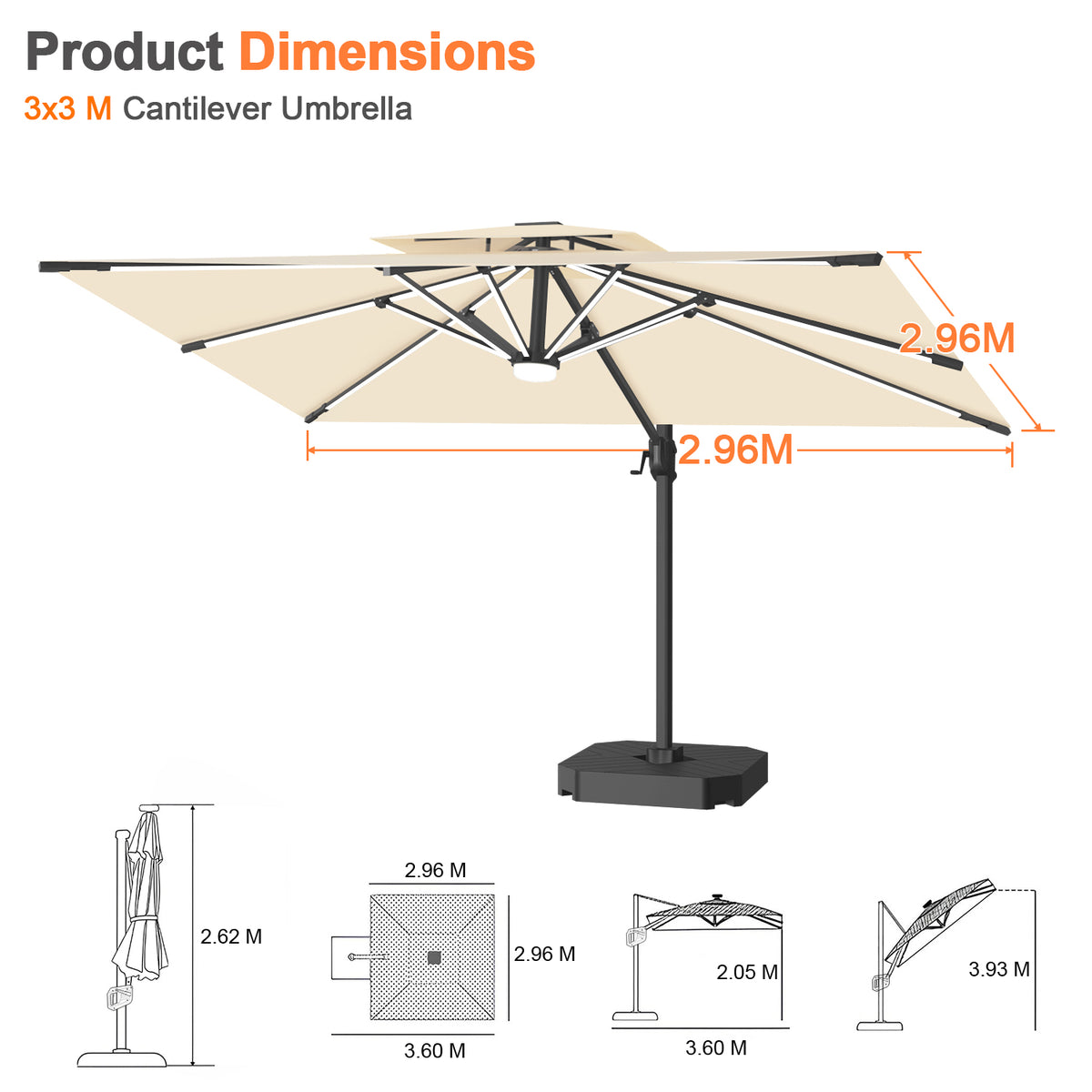 Patioslife Aegis Premium Coastal Series Cantilever Umbrella with Integrated LED Strip Lighting, Fibreglass Ribs & Aluminium Frame — Luxury Shade Built for Australian Outdoors