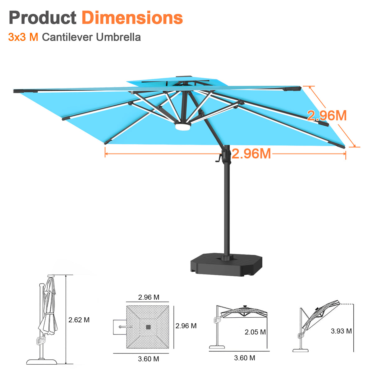 Patioslife Aegis Premium Coastal Series Cantilever Umbrella with Integrated LED Strip Lighting, Fibreglass Ribs & Aluminium Frame — Luxury Shade Built for Australian Outdoors