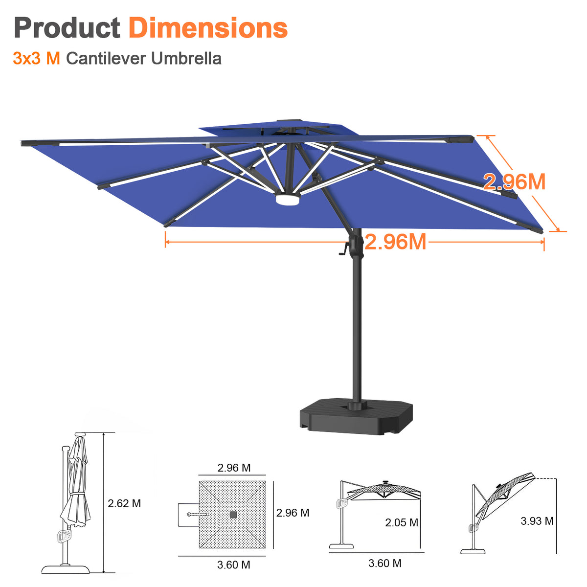 Patioslife Aegis Premium Coastal Series Cantilever Umbrella with Integrated LED Strip Lighting, Fibreglass Ribs & Aluminium Frame — Luxury Shade Built for Australian Outdoors