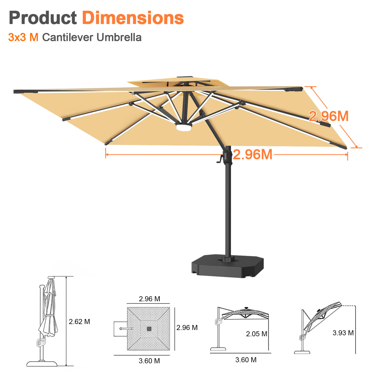 Patioslife Aegis Premium Coastal Series Cantilever Umbrella with Integrated LED Strip Lighting, Fibreglass Ribs & Aluminium Frame — Luxury Shade Built for Australian Outdoors
