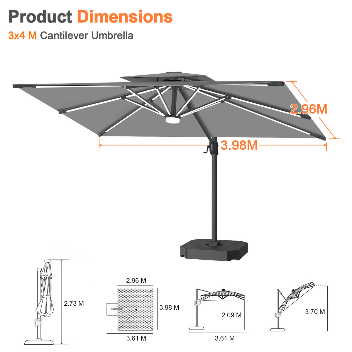 Patioslife Aegis Premium Coastal Series Cantilever Umbrella with Integrated LED Strip Lighting, Fibreglass Ribs & Aluminium Frame — Luxury Shade Built for Australian Outdoors