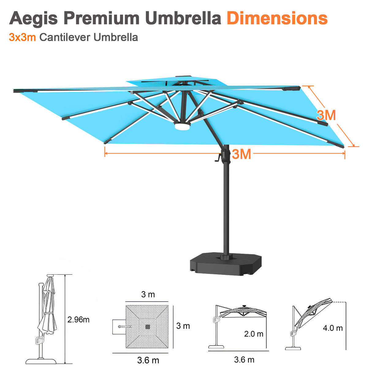 Patioslife Aegis Premium Cantilever Umbrella with Full-Rib LED Strip Lighting, Fibreglass Ribs, Powder-Coated Aluminium Pole— Luxury Garden & Patio Shade