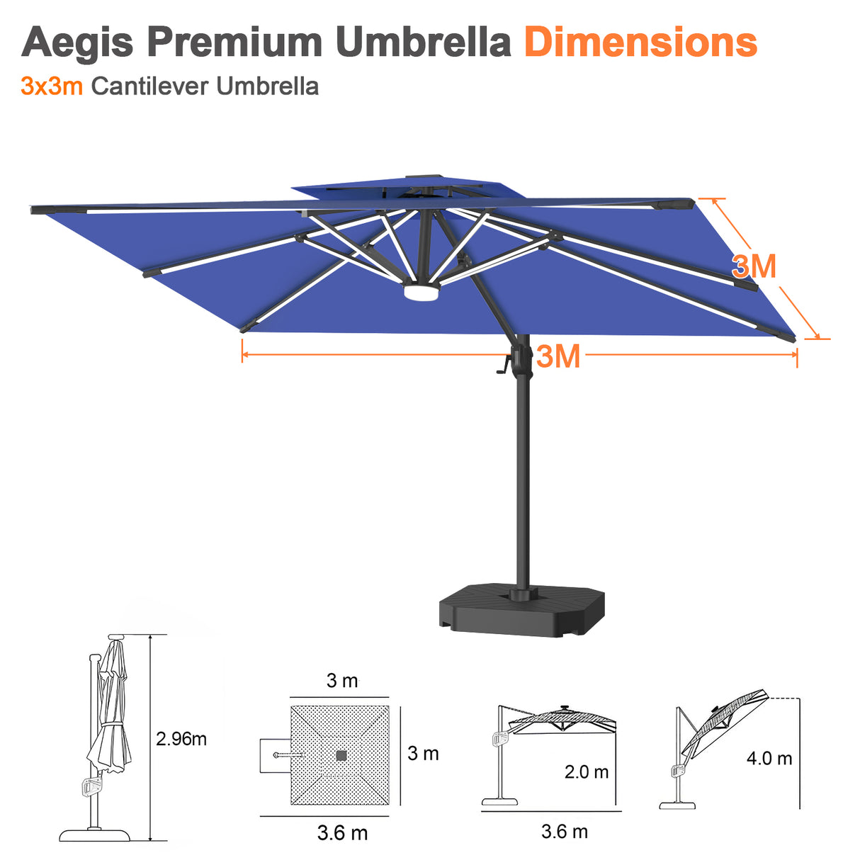 Patioslife Aegis Premium Cantilever Umbrella with Full-Rib LED Strip Lighting, Fibreglass Ribs, Powder-Coated Aluminium Pole— Luxury Garden & Patio Shade