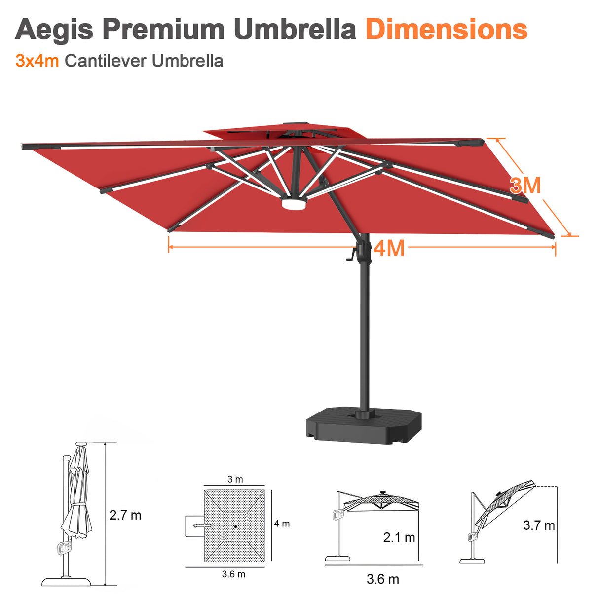 Patioslife Aegis Premium Cantilever Umbrella with Full-Rib LED Strip Lighting, Fibreglass Ribs, Powder-Coated Aluminium Pole— Luxury Garden & Patio Shade
