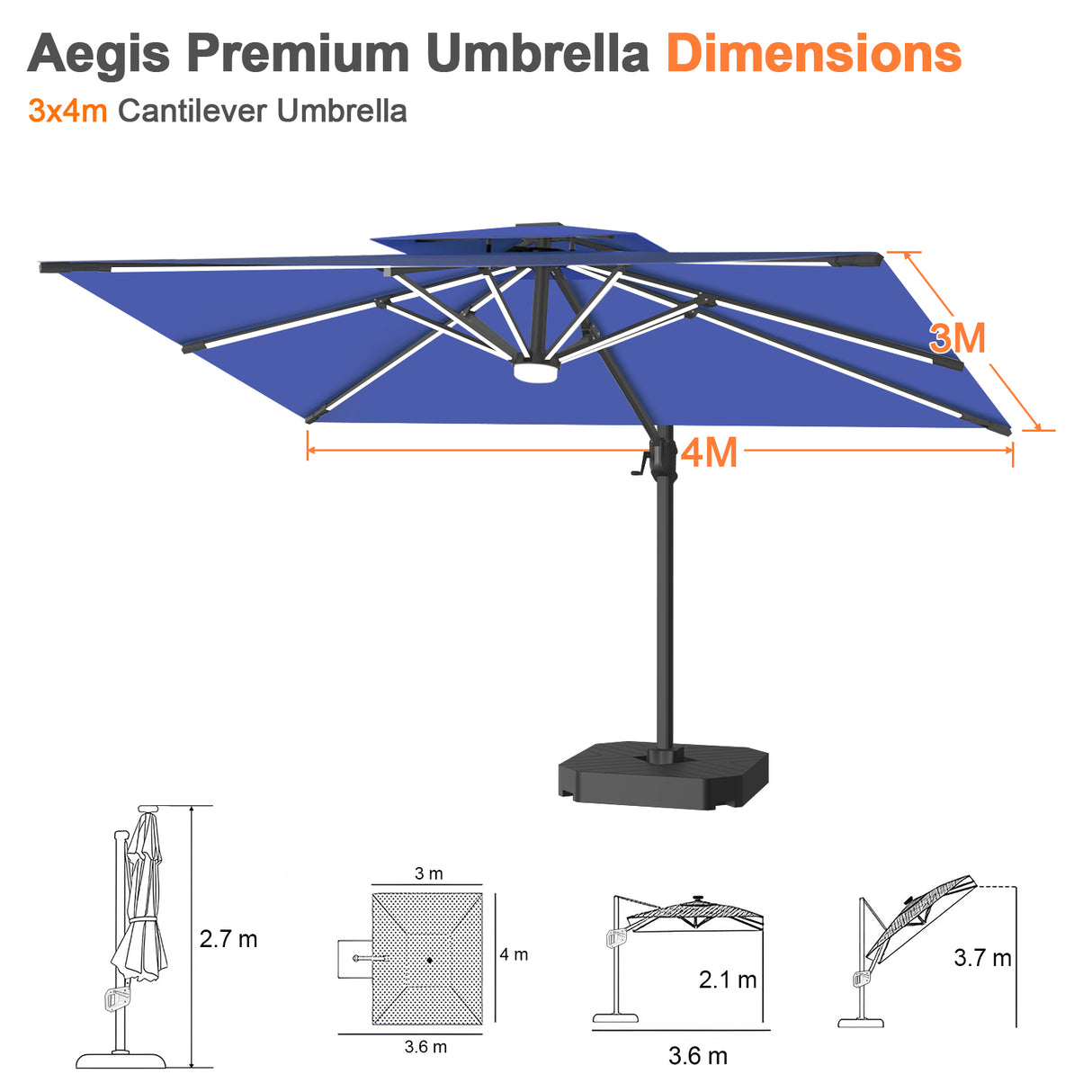 Patioslife Aegis Premium Cantilever Umbrella with Full-Rib LED Strip Lighting, Fibreglass Ribs, Powder-Coated Aluminium Pole— Luxury Garden & Patio Shade