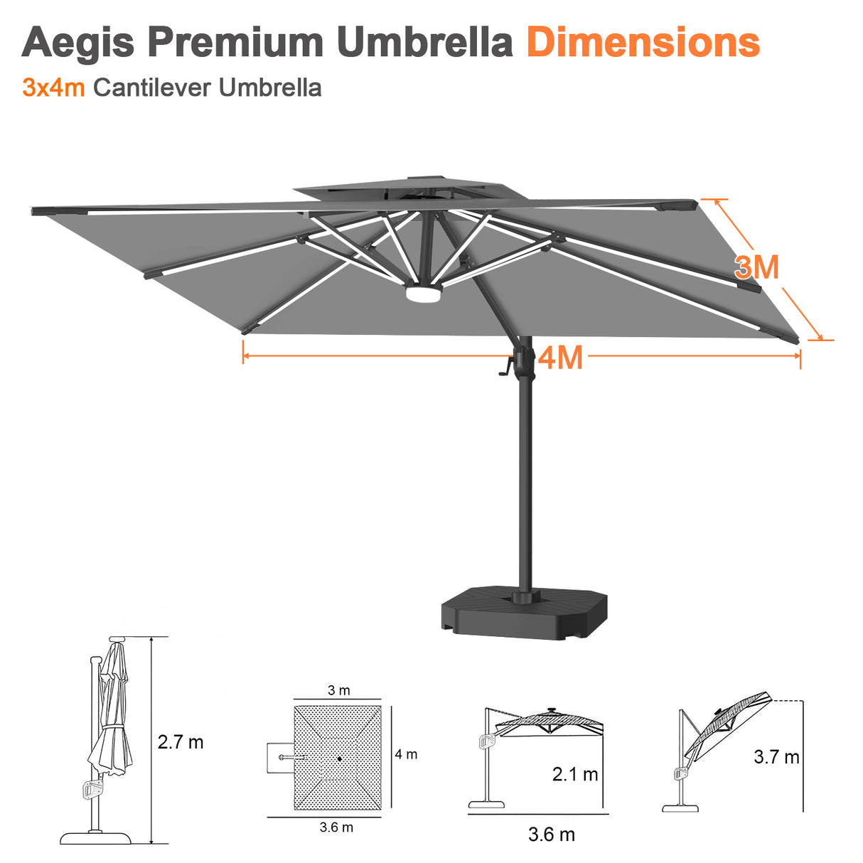 Patioslife Aegis Premium Cantilever Umbrella with Full-Rib LED Strip Lighting, Fibreglass Ribs, Powder-Coated Aluminium Pole— Luxury Garden & Patio Shade