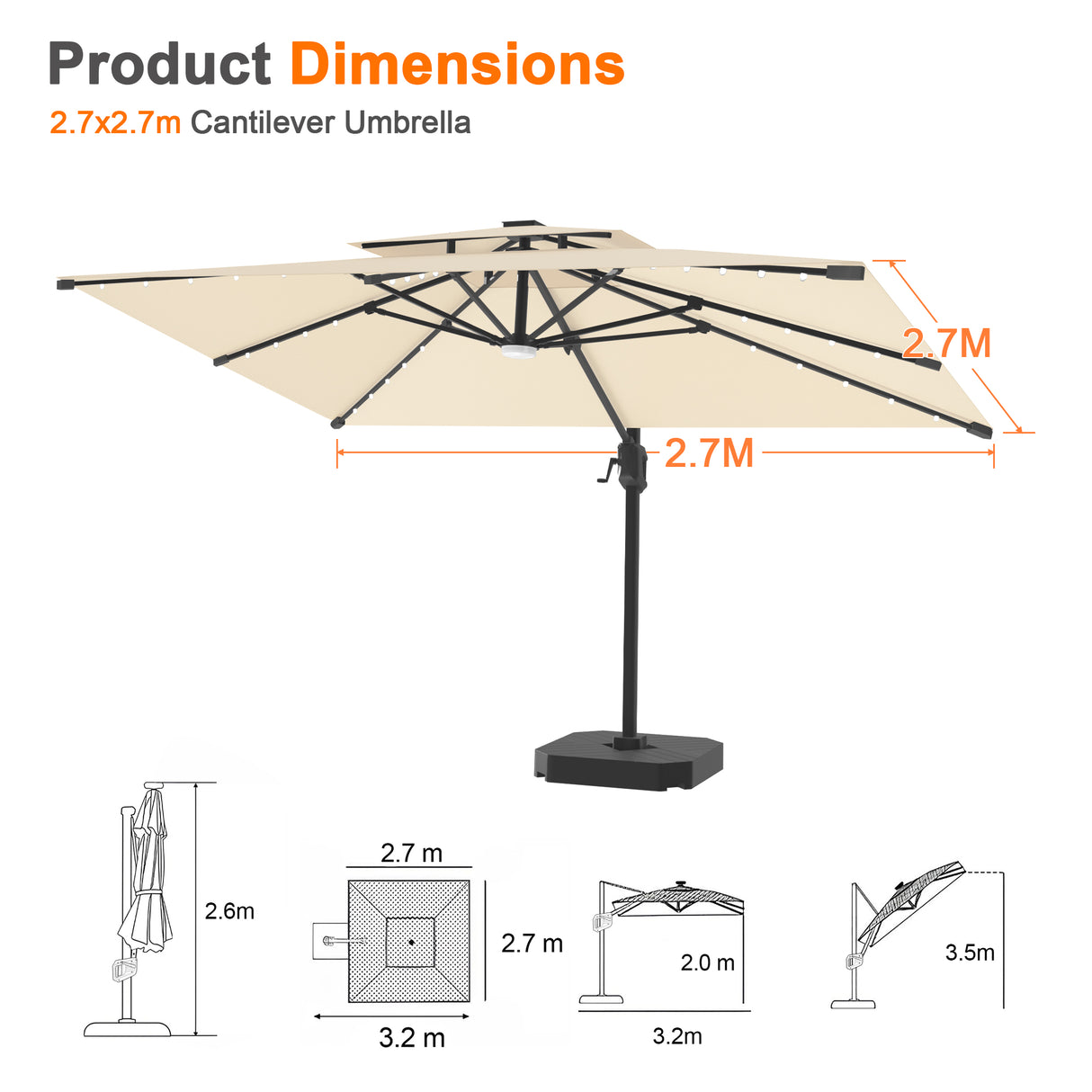 Patioslife Aegis Pro Cantilever Umbrella with LED Lights, Reinforced & Powder-Coated Aluminium Ribs and Pole — Perfect for Garden & Patio