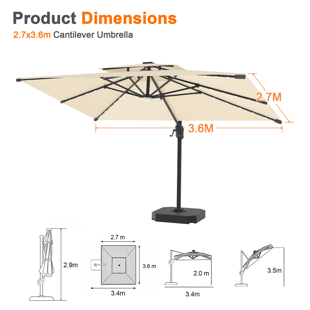 Patioslife Aegis Pro Cantilever Umbrella with LED Lights, Reinforced & Powder-Coated Aluminium Ribs and Pole — Perfect for Garden & Patio