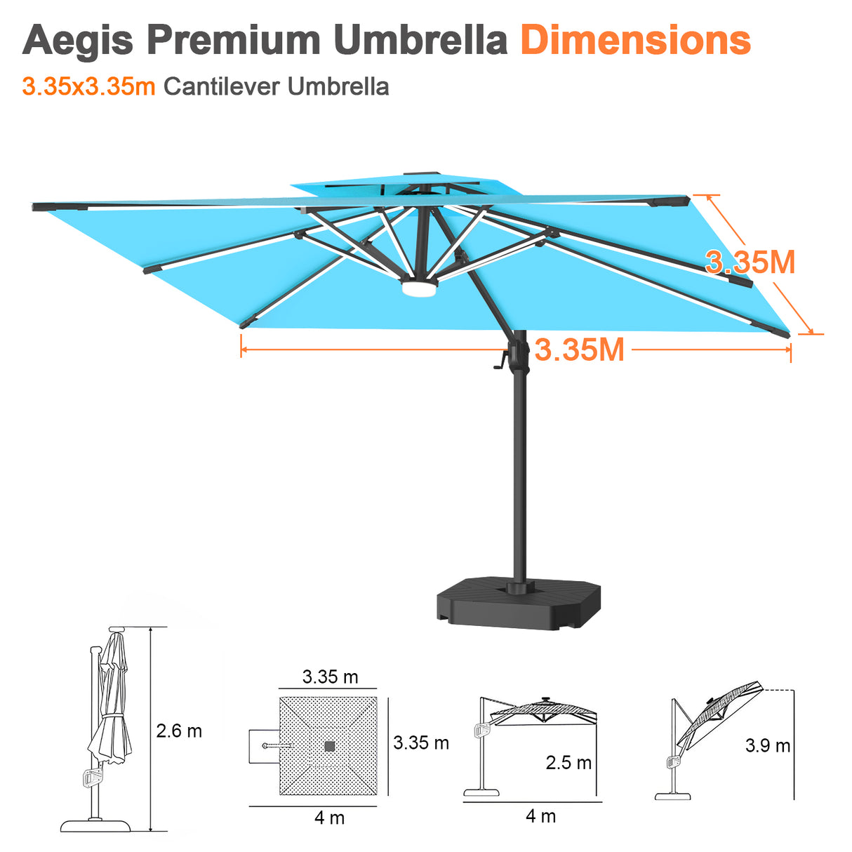 Patioslife Aegis Premium Cantilever Umbrella with Full-Rib LED Strip Lighting, Fibreglass Ribs, Powder-Coated Aluminium Pole— Luxury Garden & Patio Shade