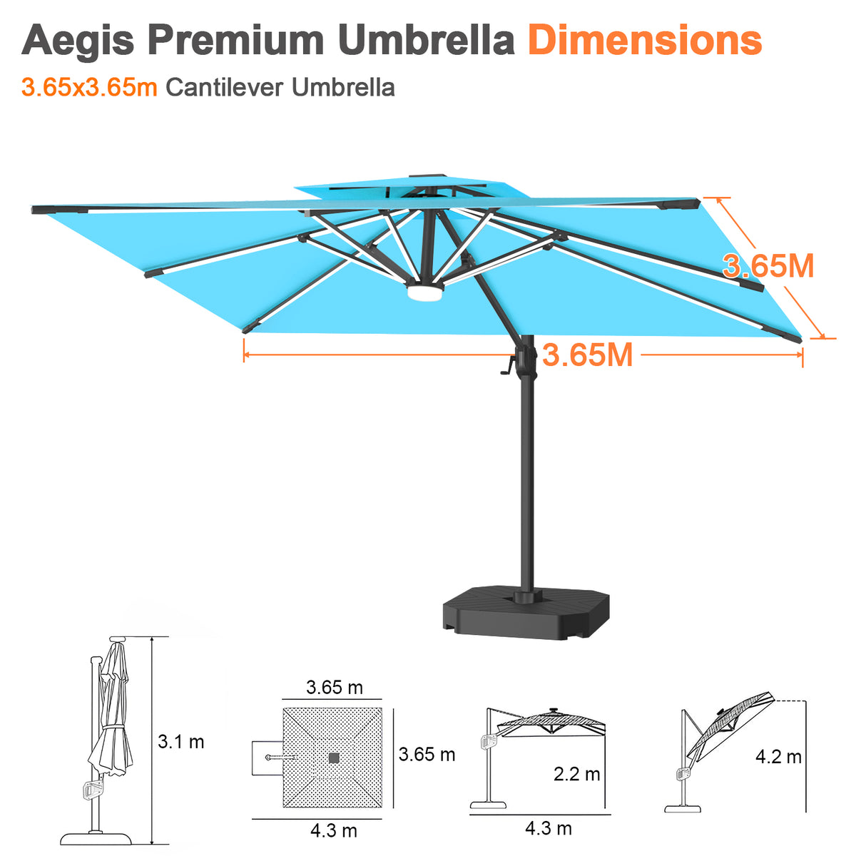 Patioslife Aegis Premium Cantilever Umbrella with Full-Rib LED Strip Lighting, Fibreglass Ribs, Powder-Coated Aluminium Pole— Luxury Garden & Patio Shade