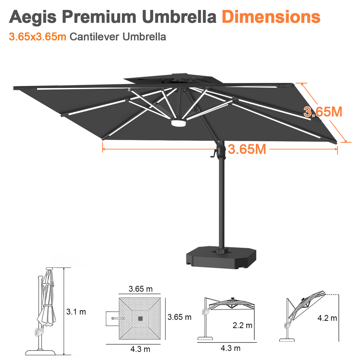 Patioslife Aegis Premium Cantilever Umbrella with Full-Rib LED Strip Lighting, Fibreglass Ribs, Powder-Coated Aluminium Pole— Luxury Garden & Patio Shade