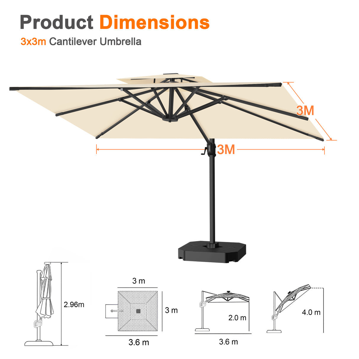 Patioslife Aegis Pro Cantilever Umbrella with Cross Base — Heavy-Duty Frame & Powder-Coated Aluminium Pole for Garden & Patio
