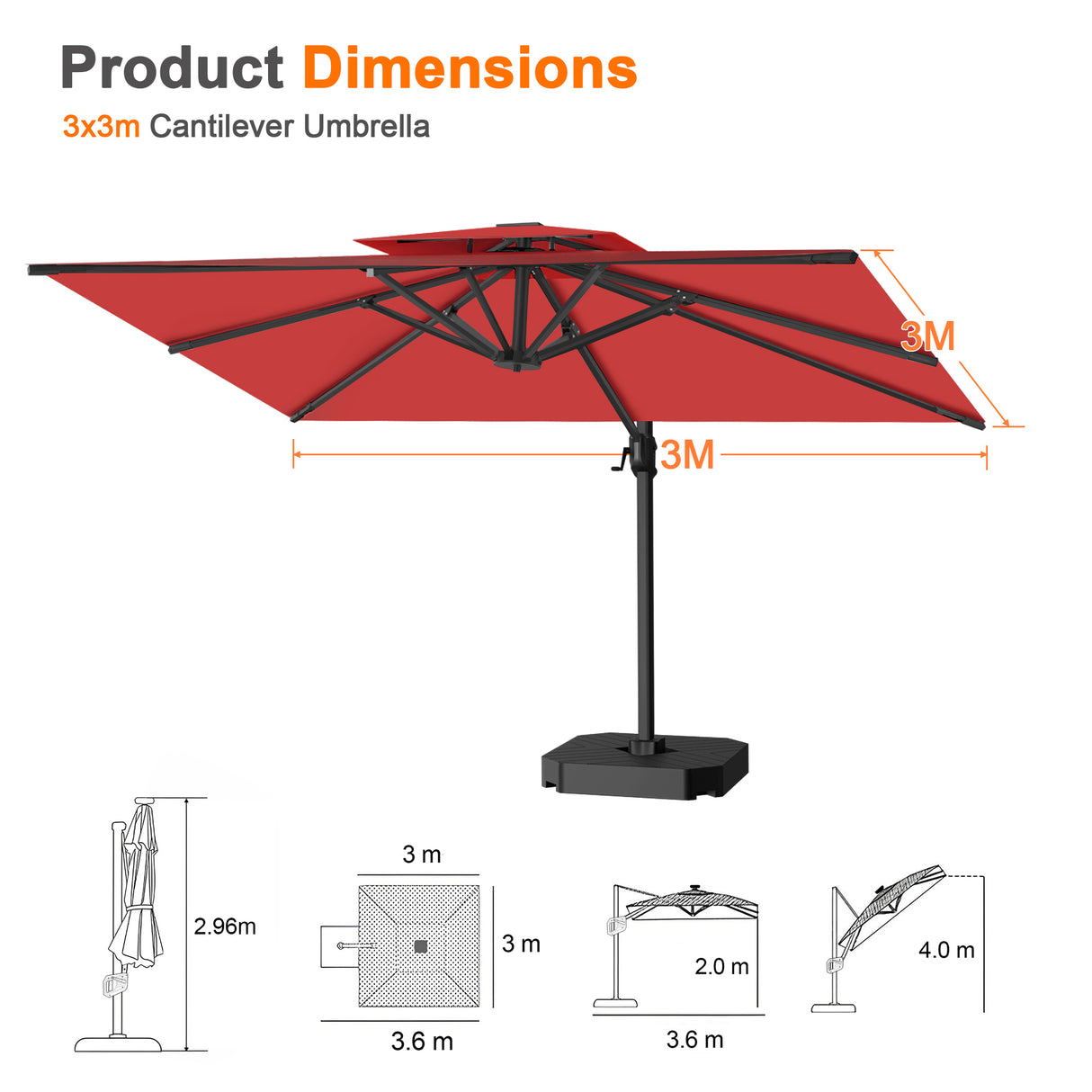 Patioslife Aegis Pro Cantilever Umbrella with Cross Base — Heavy-Duty Frame & Powder-Coated Aluminium Pole for Garden & Patio