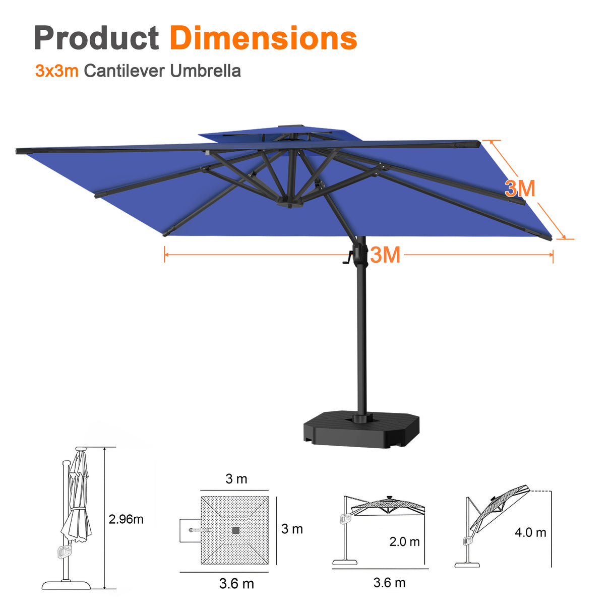 Patioslife Aegis Pro Cantilever Umbrella with Cross Base — Heavy-Duty Frame & Powder-Coated Aluminium Pole for Garden & Patio