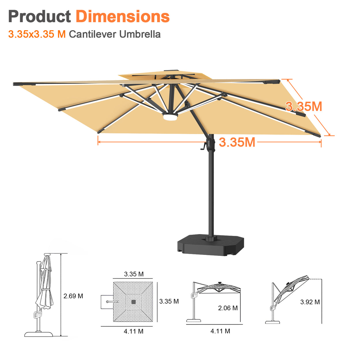 Patioslife Aegis Premium Coastal Series Cantilever Umbrella with Integrated LED Strip Lighting, Fibreglass Ribs & Aluminium Frame — Luxury Shade Built for Australian Outdoors