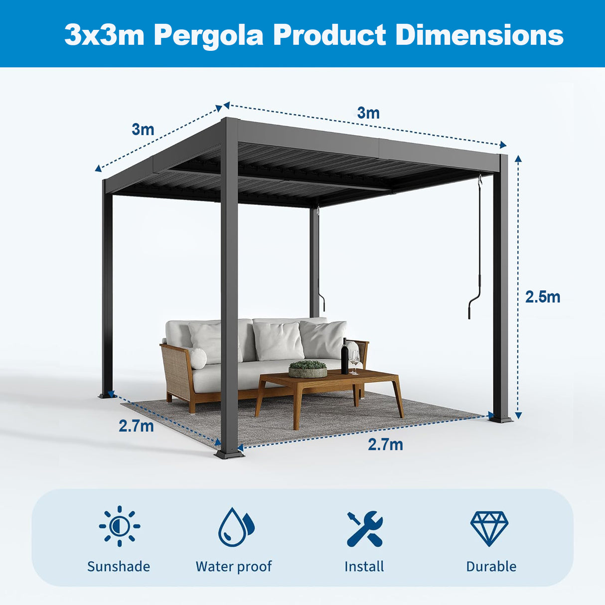 Patioslife Atlantic™ | 3 x 3m Aluminium Louvered Pergola with Adjustable Roof, Modern Outdoor Shade Structure for Garden, Deck & Patio
