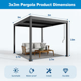 Patioslife Atlantic™ | 3 x 3m Aluminium Louvered Pergola with Adjustable Roof, Modern Outdoor Shade Structure for Garden, Deck & Patio