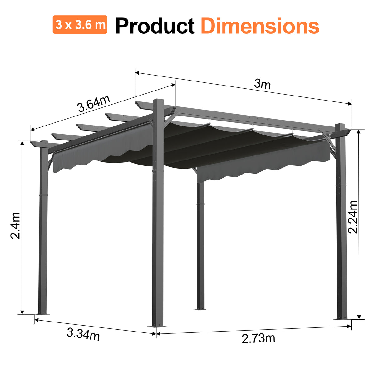 Patioslife 3x3.6m Retractable Pergola Charcoal Canopy Grey Frame Product Dimensions for Australian Patio