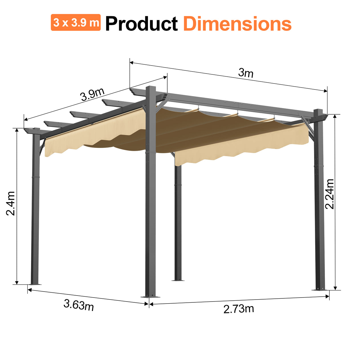 Patioslife 3x3.9m Retractable Pergola Beige Canopy Grey Frame Product Dimensions for Australian Patio