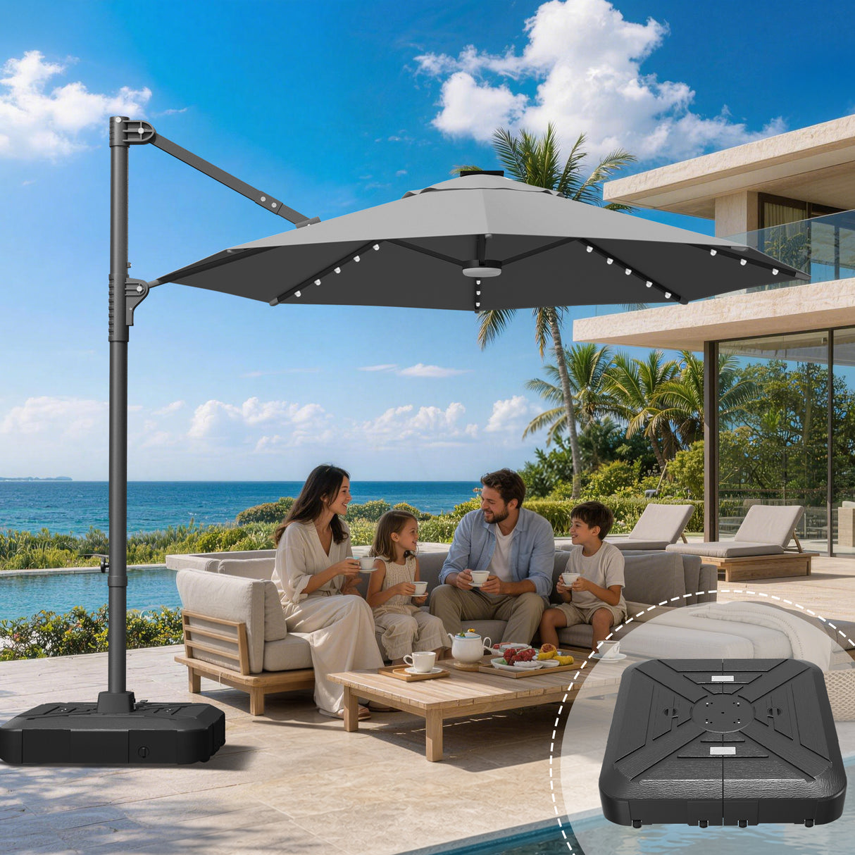Patioslife Aegis Pro All-in-One Shade Round Cantilever Patio Umbrella with solar LED lights | Premium Cover | Large Base