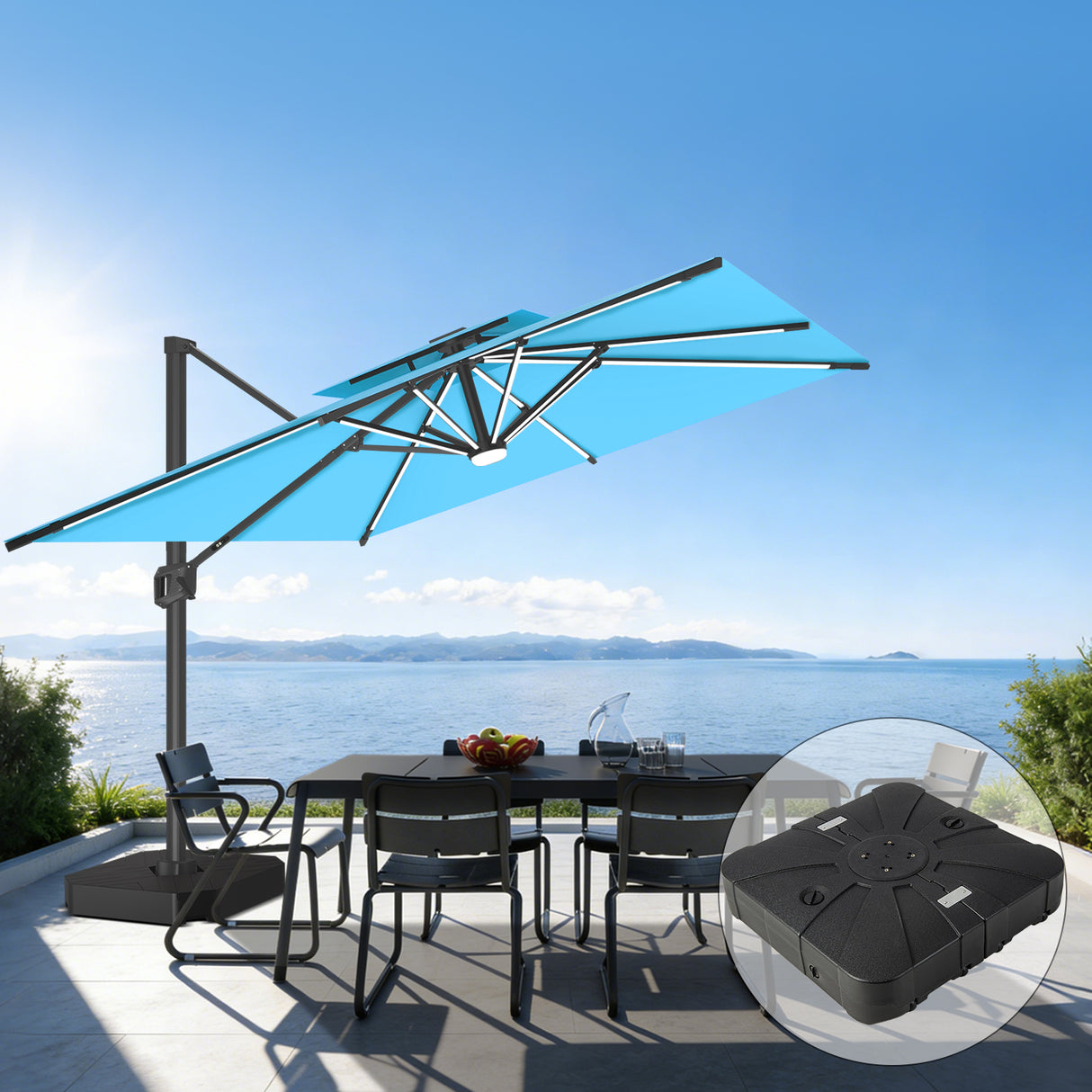 Patioslife Aegis Premium Cantilever Umbrella with Full-Rib LED Strip Lighting, Fibreglass Ribs, Powder-Coated Aluminium Pole— Luxury Garden & Patio Shade