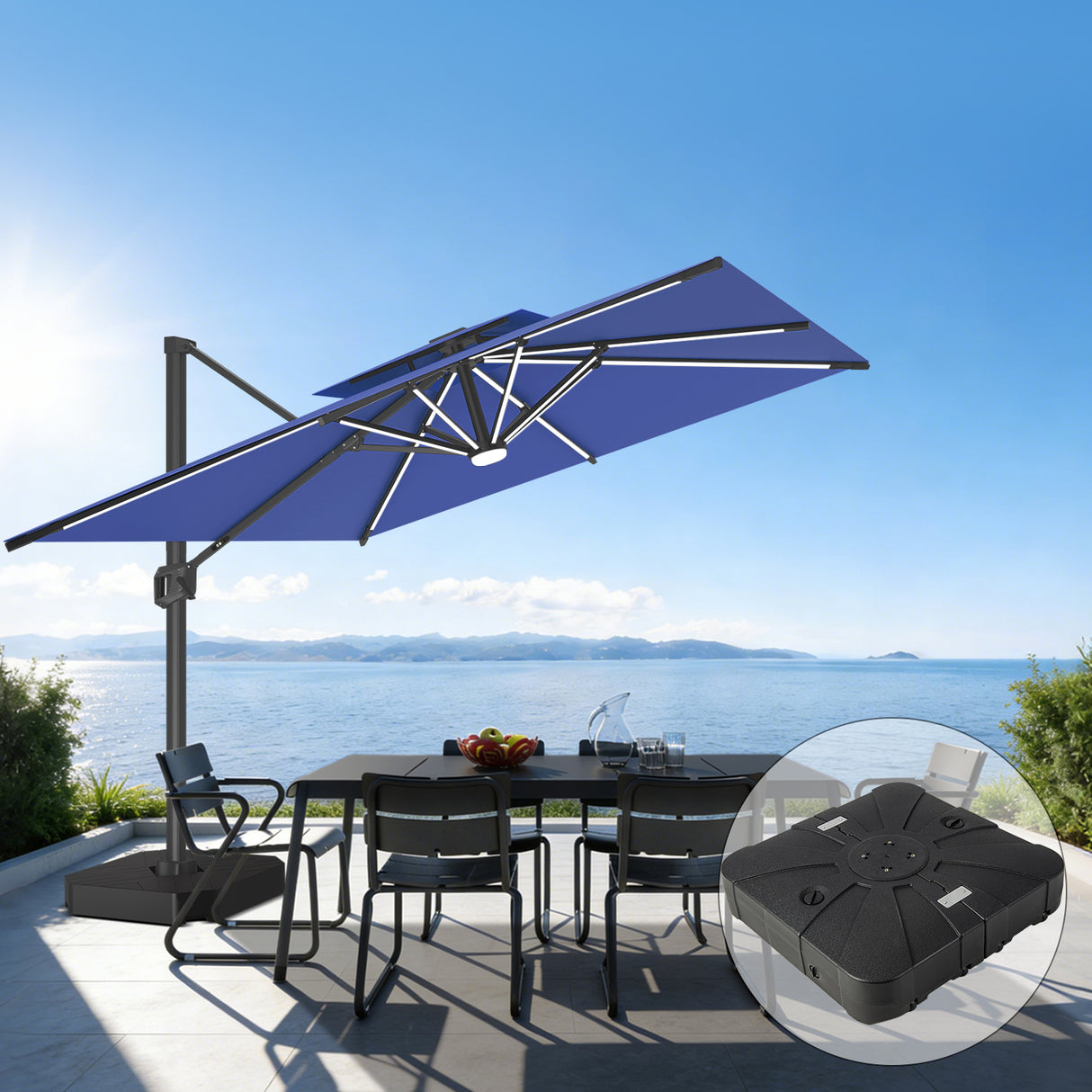 Patioslife Aegis Premium Cantilever Umbrella with Full-Rib LED Strip Lighting, Fibreglass Ribs, Powder-Coated Aluminium Pole— Luxury Garden & Patio Shade