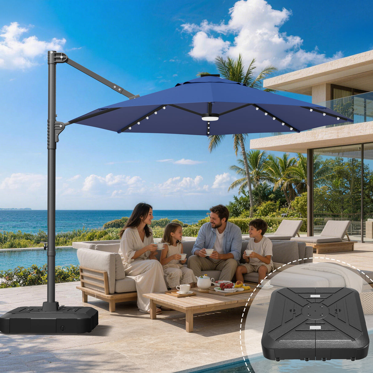 Patioslife Aegis Pro All-in-One Shade Round Cantilever Patio Umbrella with solar LED lights | Premium Cover | Large Base
