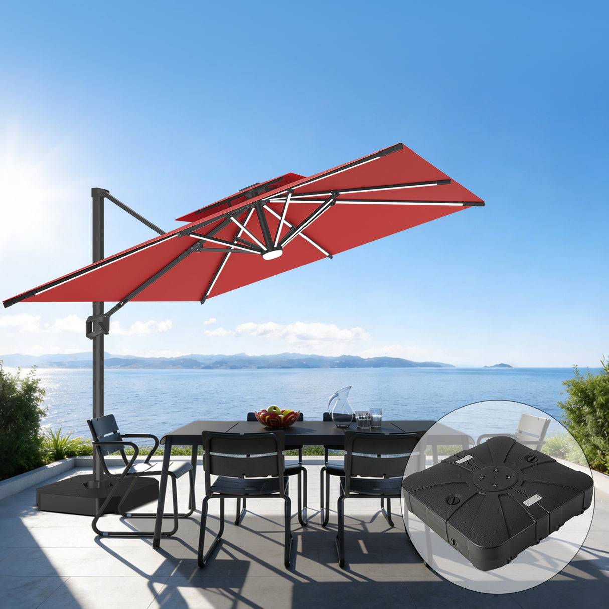 Patioslife Aegis Premium Cantilever Umbrella with Full-Rib LED Strip Lighting, Fibreglass Ribs, Powder-Coated Aluminium Pole— Luxury Garden & Patio Shade