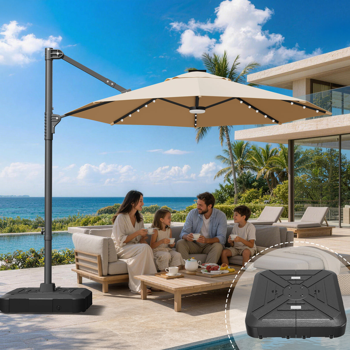 Patioslife Aegis Pro All-in-One Shade Round Cantilever Patio Umbrella with solar LED lights | Premium Cover | Large Base