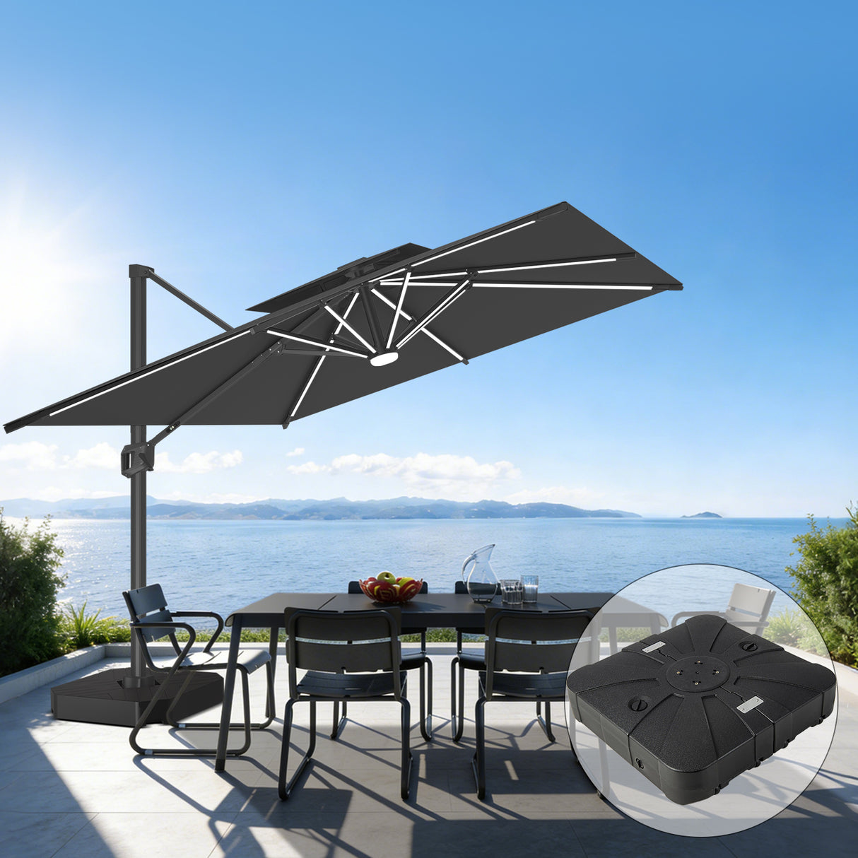 Patioslife Aegis Premium Cantilever Umbrella with Full-Rib LED Strip Lighting, Fibreglass Ribs, Powder-Coated Aluminium Pole— Luxury Garden & Patio Shade