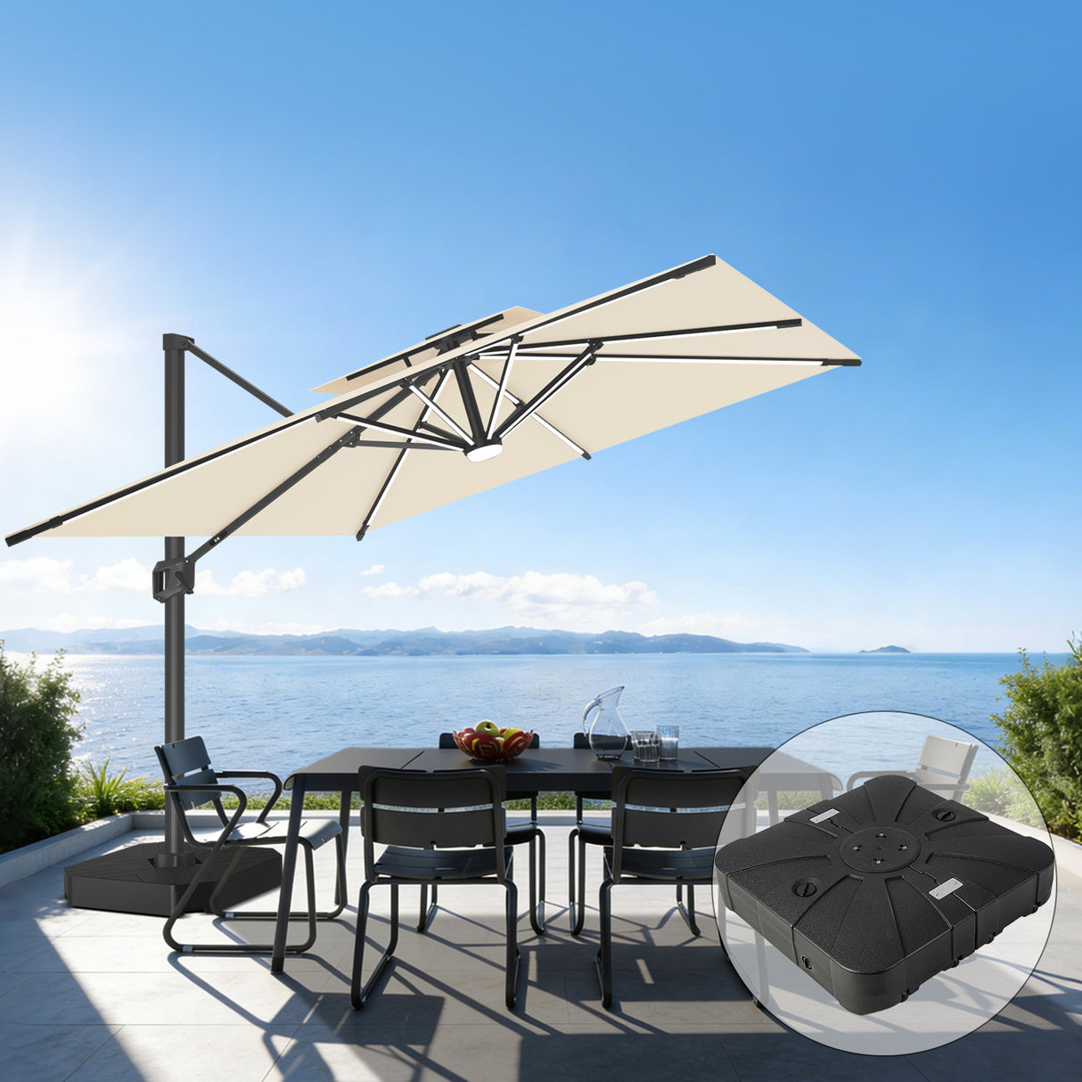 Patioslife Aegis Premium Cantilever Umbrella with Full-Rib LED Strip Lighting, Fibreglass Ribs, Powder-Coated Aluminium Pole— Luxury Garden & Patio Shade