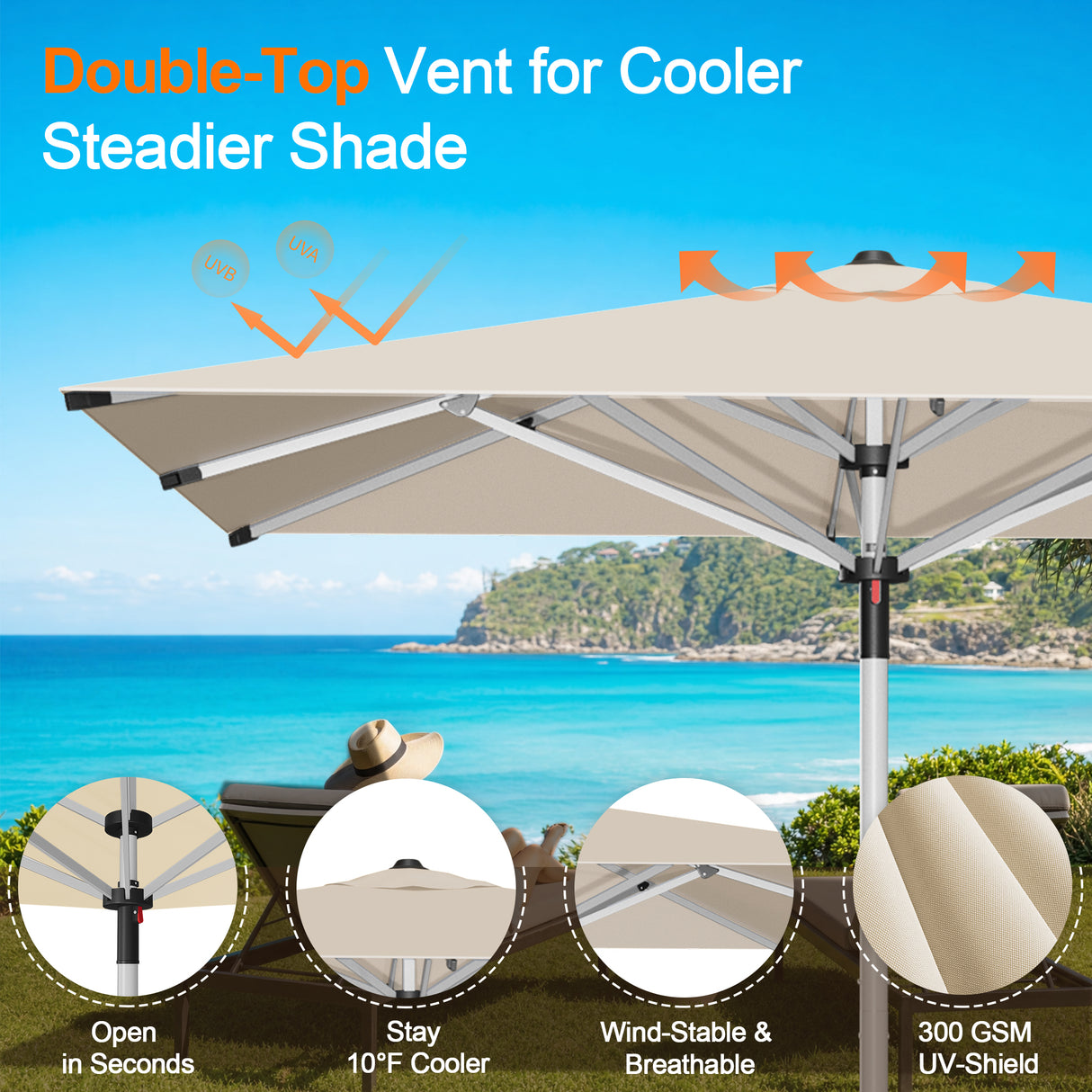 Patioslife Outdoor Umbrella — Square & Round | Heavy-Duty Aluminium Pole, Double-Vented Canopy | 2.7m, 3m & 3.35m