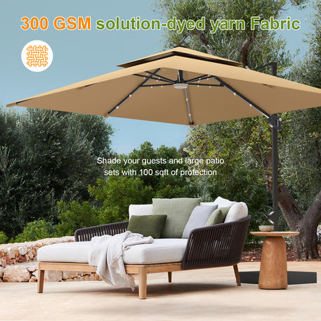 3x3m Square Cantilever Umbrella 2-Tier with Umbrella Cover for Outdoor Garden Pool Use 300 GSM solution-dyed yarn Fabric