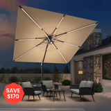 Patioslife Aegis Premium Cantilever Umbrella with LED Strip Lights, Fibreglass Ribs & Powder-Coated Aluminium Pole, Cover— Luxury Garden & Patio Shade