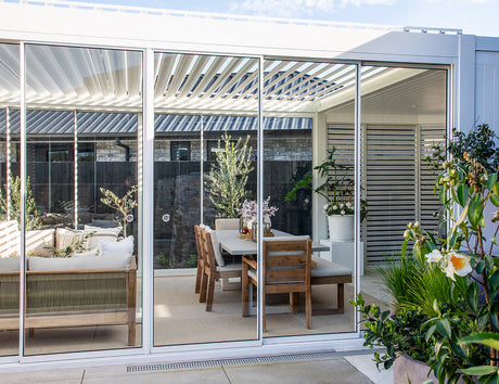 Patioslife Atlantic™ | Freestanding Pergola with Glass Sliding Door – Aluminium Outdoor Room for Patios, Gardens & Entertaining Spaces