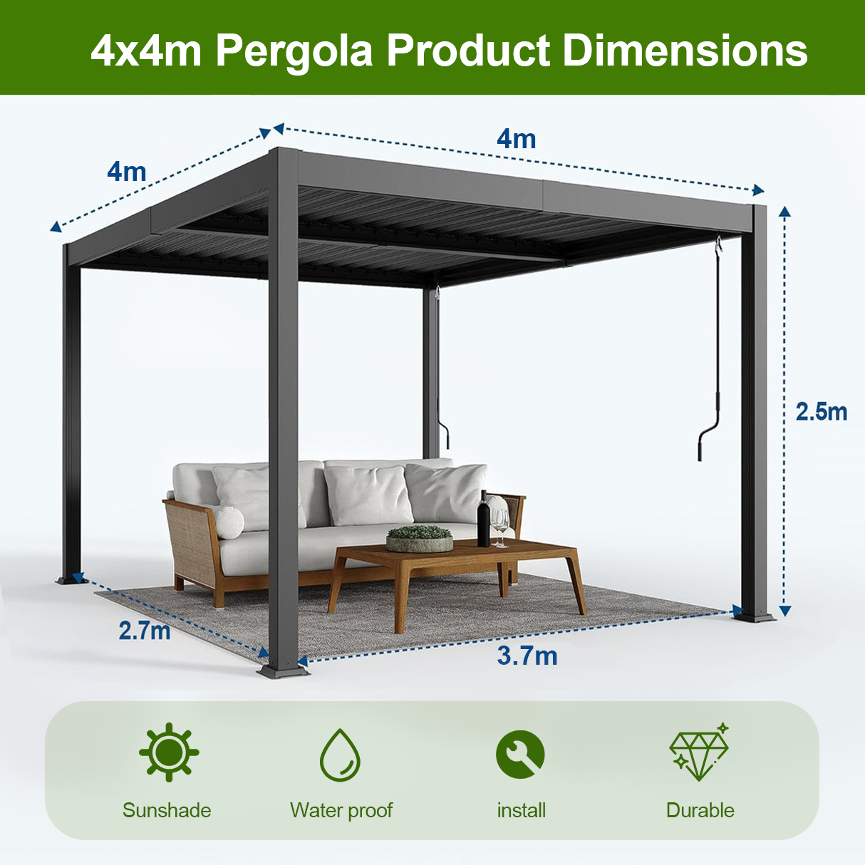 Patioslife Atlantic™ | Aluminium Louvered Pergola with Adjustable Roof & Ambient LED Lights, Freestanding Outdoor Shelter for Patio, Deck & Poolside