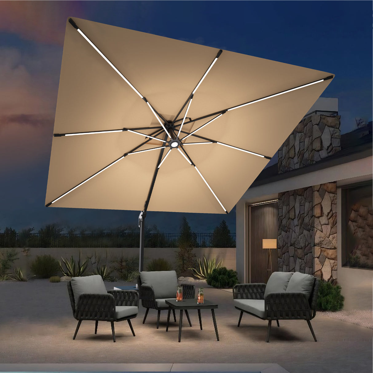 Patioslife Aegis Premium Cantilever Umbrella with LED Strip Lights, Fibreglass Ribs & Powder-Coated Aluminium Pole, Cover— Luxury Garden & Patio Shade