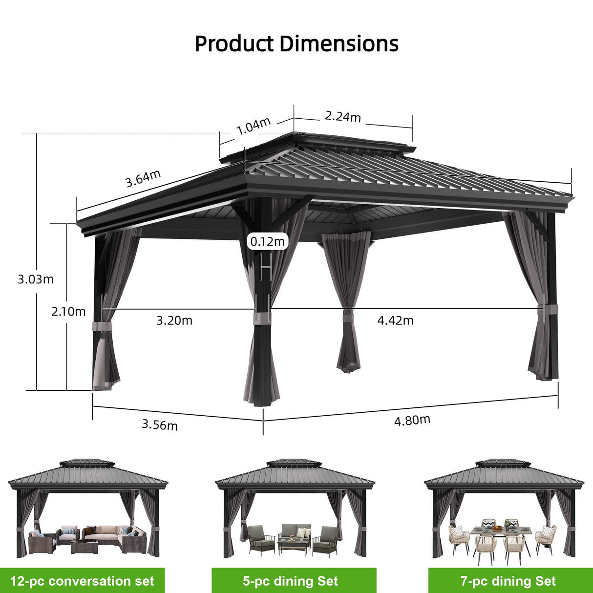 Patioslife™| Hardtop Gazebo with Wood Grain Aluminum Frame, Double Vented Roof & Curtains, Patio Pergola for Garden or Backyard