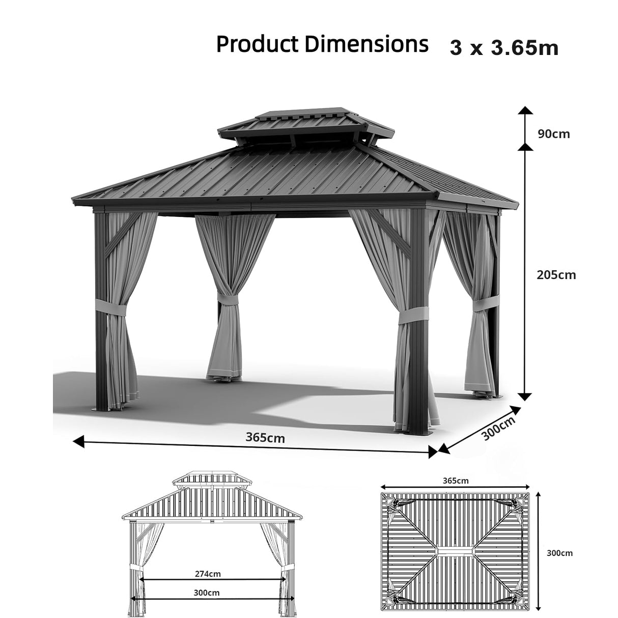Patioslife™ | Hardtop Gazebo with Wood Grain Aluminum Frame, Double Vented Roof & Curtains, Patio Pergola for Garden or Backyard