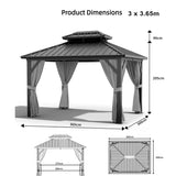 Patioslife™ | Hardtop Gazebo with Wood Grain Aluminum Frame, Double Vented Roof & Curtains, Patio Pergola for Garden or Backyard