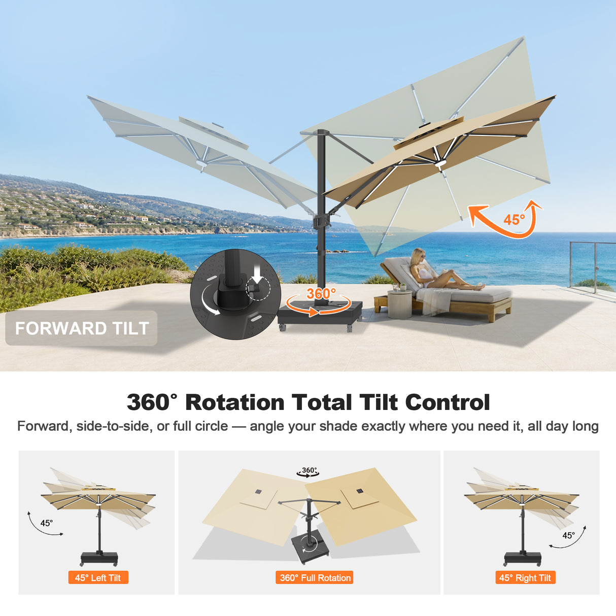 Patioslife Aegis Signature Rotating Cantilever Patio Umbrella with Adjustable Tilt | Large Outdoor Shade Umbrella for Garden, Deck & Poolside,  Includes Free Premium Cover