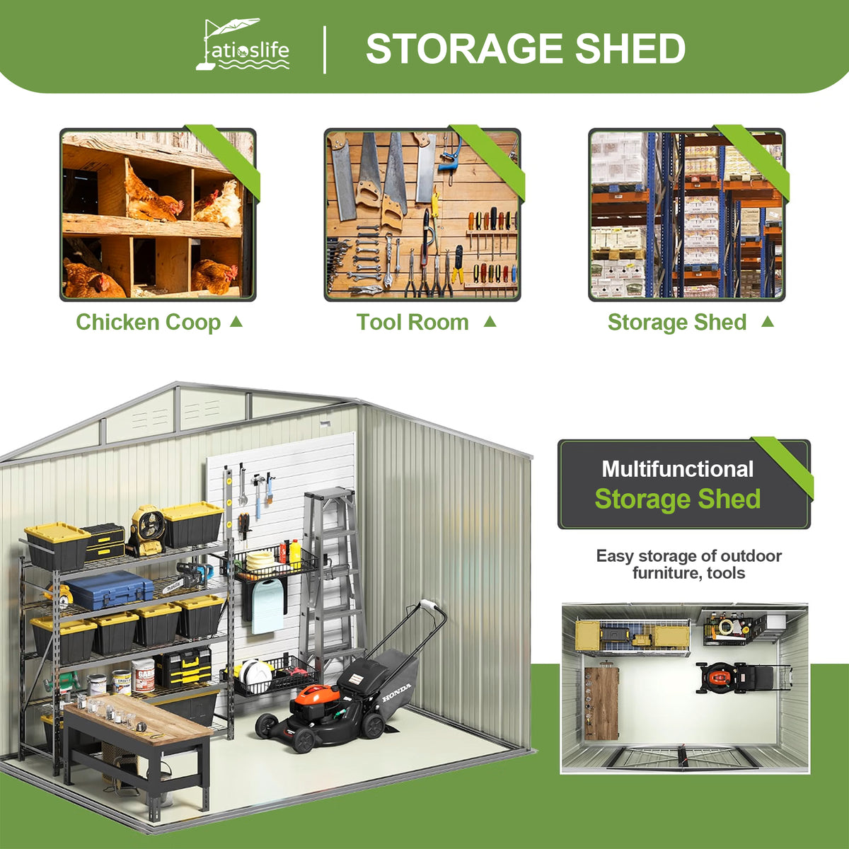 Patioslife Metal Garden Shed – Galvanised Steel Outdoor Storage Shed, All-Weather Backyard Storage Unit