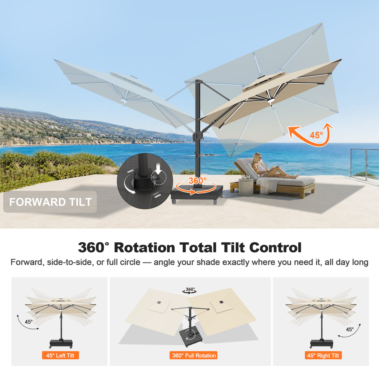 Patioslife Aegis Signature Rotating Cantilever Patio Umbrella with Adjustable Tilt | Large Outdoor Shade Umbrella for Garden, Deck & Poolside,  Includes Free Premium Cover