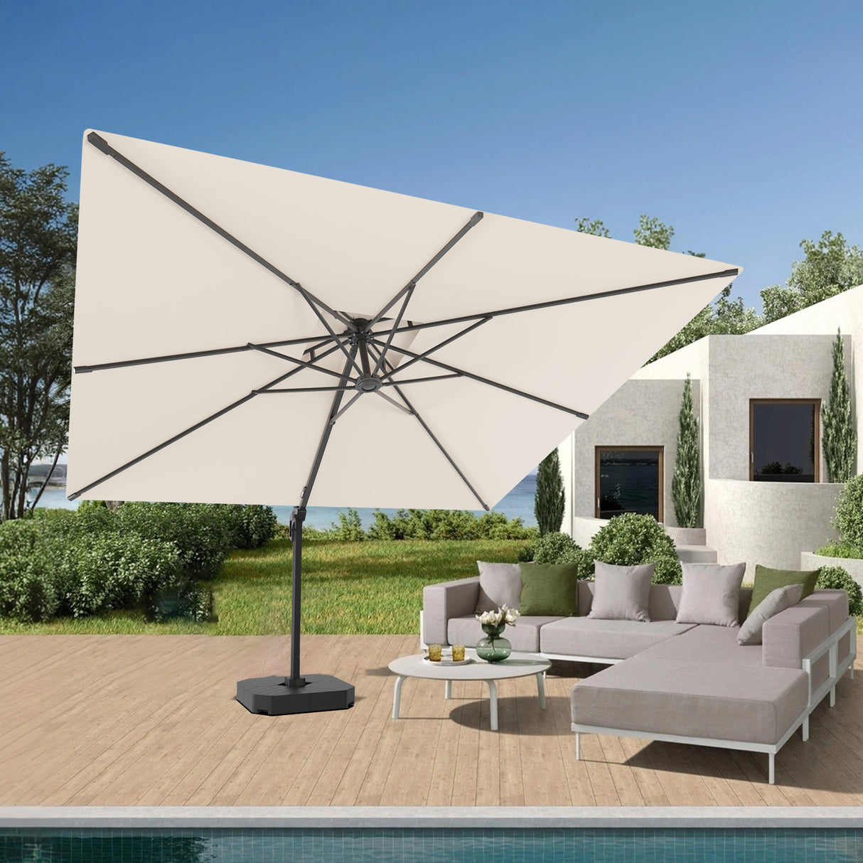 Patioslife Aegis Pro™ Cantilever Umbrella with Base & Protective Cover — Heavy-Duty Frame & Powder-Coated Aluminium Pole for Garden & Patio