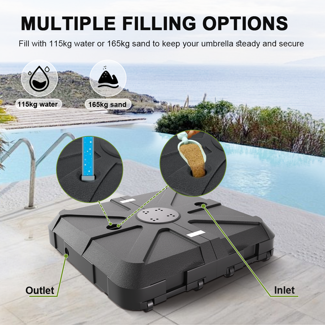Patioslife™ Cantilever Umbrella Base 115–165kg, Heavy-Duty Outdoor Rolling Stand, Refillable HDPE Offset Weights with Wheels for Patio, Garden & Poolside Stability