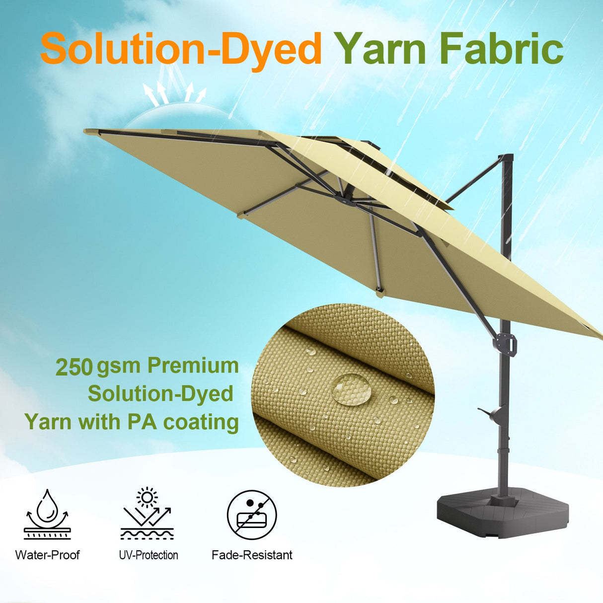 Patioslife Aegis Pro™ Cantilever Umbrella with Base & Protective Cover — Heavy-Duty Frame & Powder-Coated Aluminium Pole for Garden & Patio